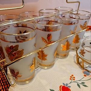 Midcentury Libbey Frosted Goldleaf Glassware and Sugar/Creamer Set With Holders